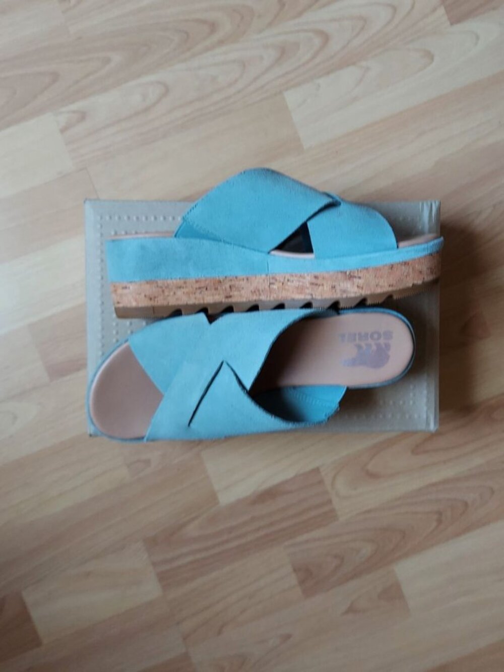 Sorel Cameron Mule Flatform Slides Suede Blue Cork Sandals Women's Size 9 - New!